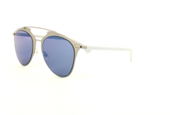 Christian Dior - DiorReflected [Light Ruthenium/White/Blue]. Features reinterpreted pantos shape in mix of materials; veneer of ruthenium-tone galvanised metal topped with graphic double bridge on the front; temples in fine white acetate; and shaded blue lenses with 100% U.V. protection.