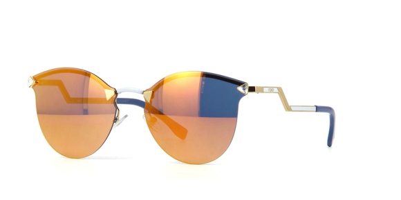 Fendi – FF0040 [Gold Grey]. Part of the Iridia collection, features eye-catching metal angles paired with hot round blue gold mirrored lenses made of durable, high-grade nylon with 100% U.V. protection.