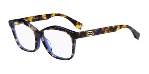 Fendi – FF0093 [Yellow Violet Havana]. Features angular geometry in fine handmade acetate with the iconic Fendi logo in gold.