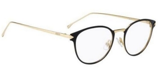 Fendi – FF0167 [Fog/Black Gold]. Part of the Facets collection, features the hot round shape in acetate-plated metal, with sleek metal temples.